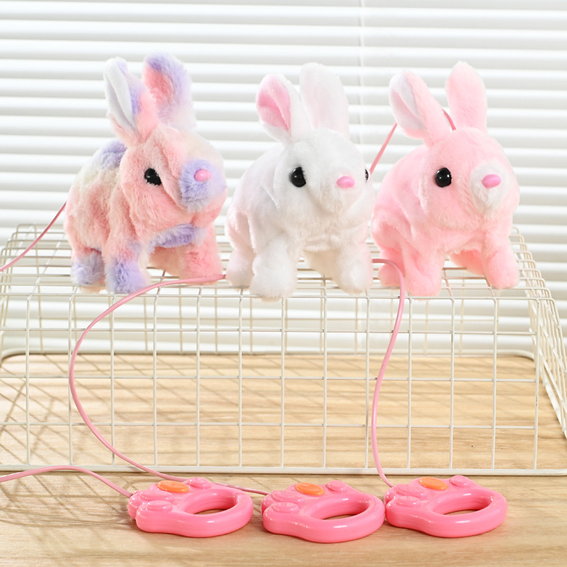 Wholesale of cross-border new type of electric plush rabbit with a leash for moving forward and backward sounds, electronic pet white rabbit children's toys Specification image