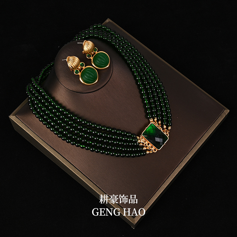 中古夸张绿色水晶琉璃多层叠戴套装项链耳环高级感礼服饰品锁骨链