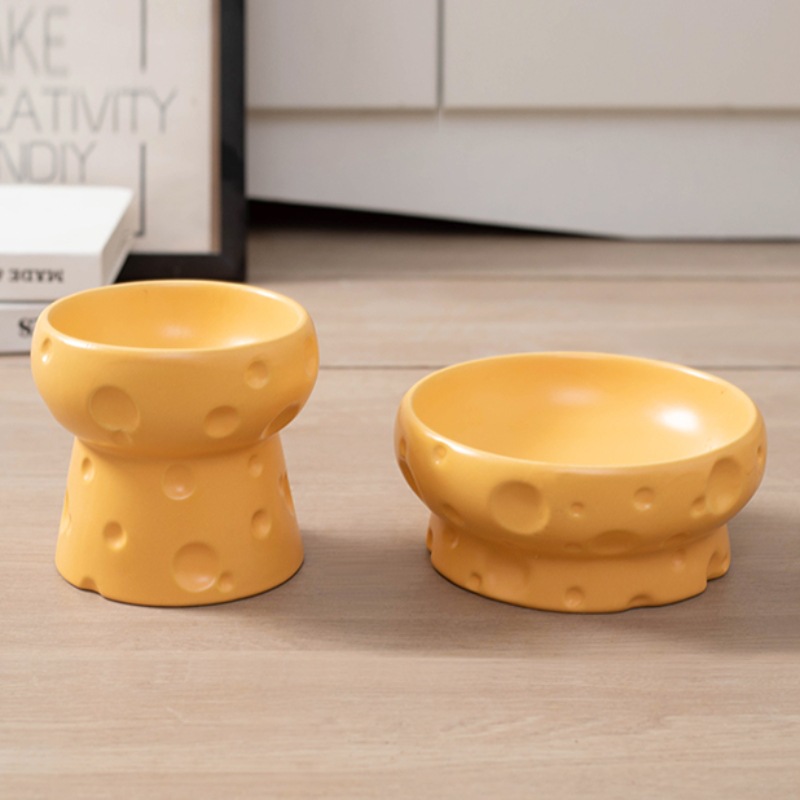 Cheese cat bowl, ceramic cat food bowl, high-legged food bowl, water bowl, flat-mouthed to protect the cervical vertebrae from being knocked over, large-mouthed puppy bowl details Picture