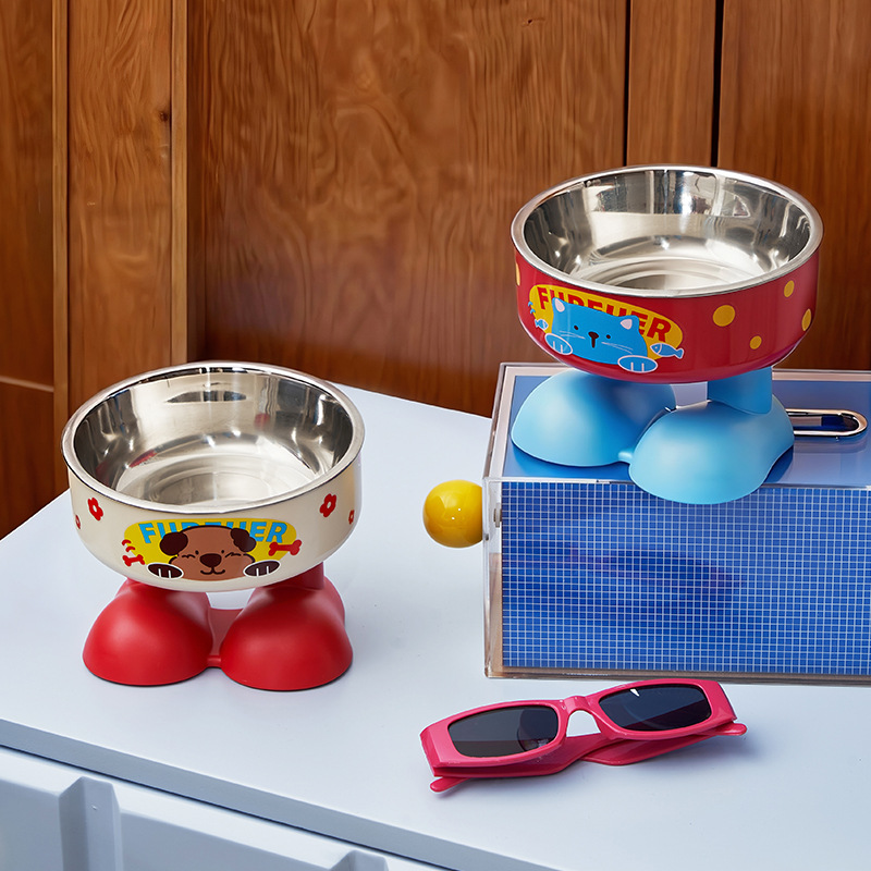 Rongka Pet Cross-border Pet stainless Steel high-legged Bowl, anti-slip and anti-knock cat bowl, large-capacity dog feeder, cat food bowl