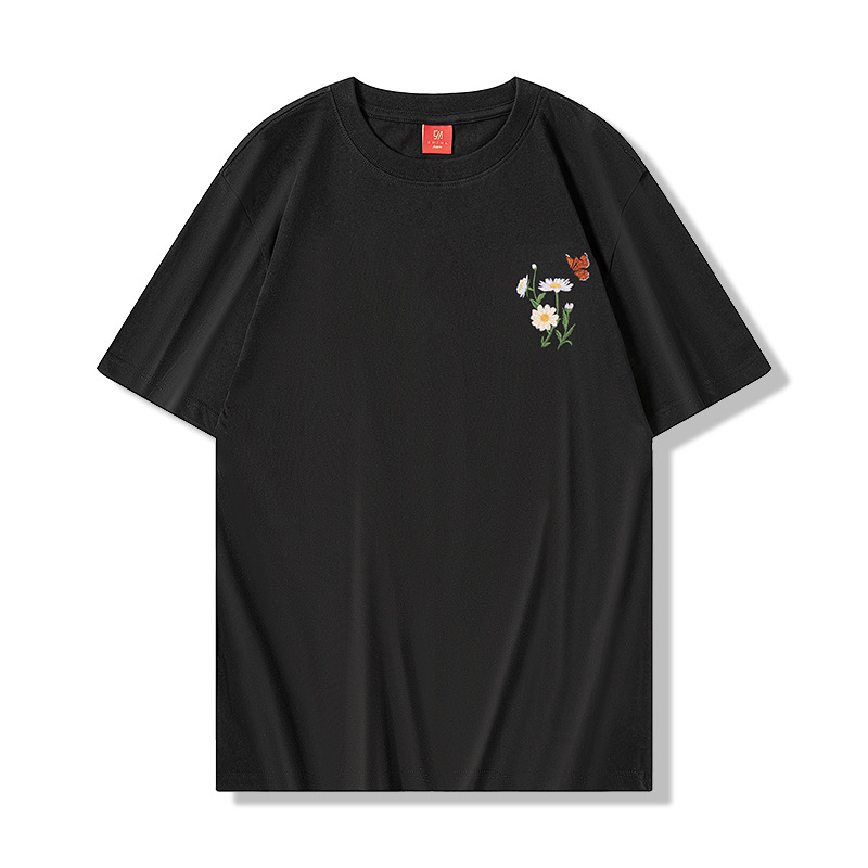 2026 National Trend short-sleeved T-shirt, butterfly light change embroidery, Chinese style, round neck, pure cotton loose half-sleeve, national trend summer details Picture