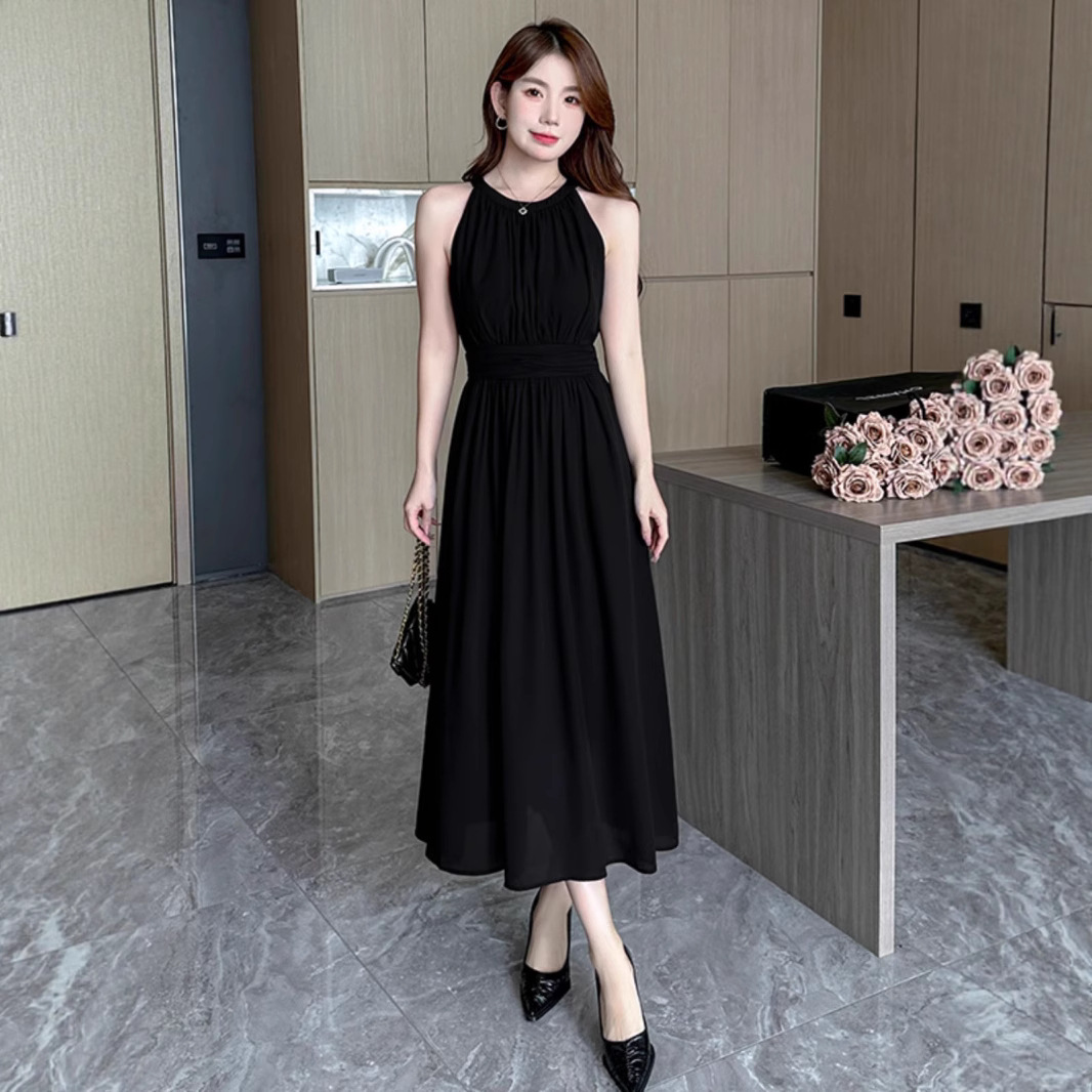 2025 New black chiffon long dress for women, gentle and elegant summer commute, waist-cinched A-line dress, sleeveless halter dress