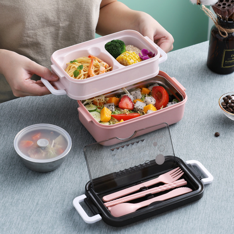 2025 New insulated double-layer microwave oven heating bento box, portable plastic lunch box with soup can, bento box details Picture