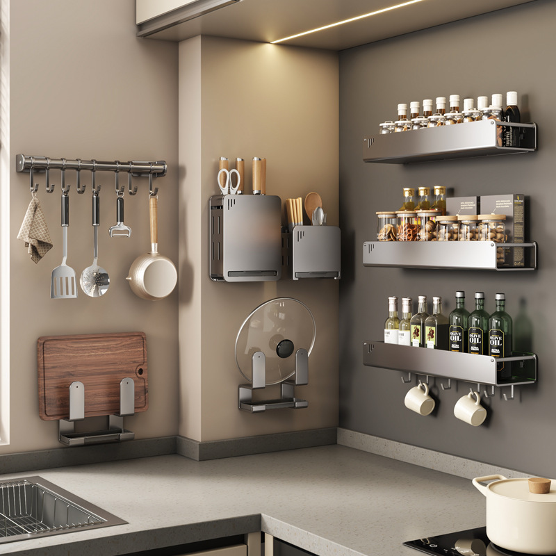 A comprehensive range of kitchen storage racks, wall-mounted condiment supplies without drilling, knife racks, hanging racks, and household storage racks