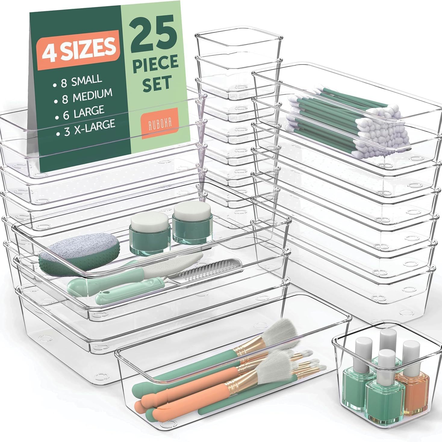 Cajón transfronterizo caja de almacenamiento 25 piezas cocina transparente caja de compartimento cosméticos de sobremesa separador organizador caja pequeña