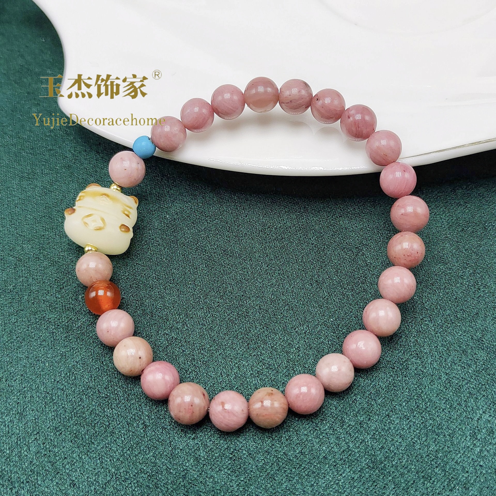 Double-ring natural stone bracelet, red wood grain stone with rose crystal lotus pod and pink rose. Red pattern stone bracelet for girls, with a sense of sophistication details Picture
