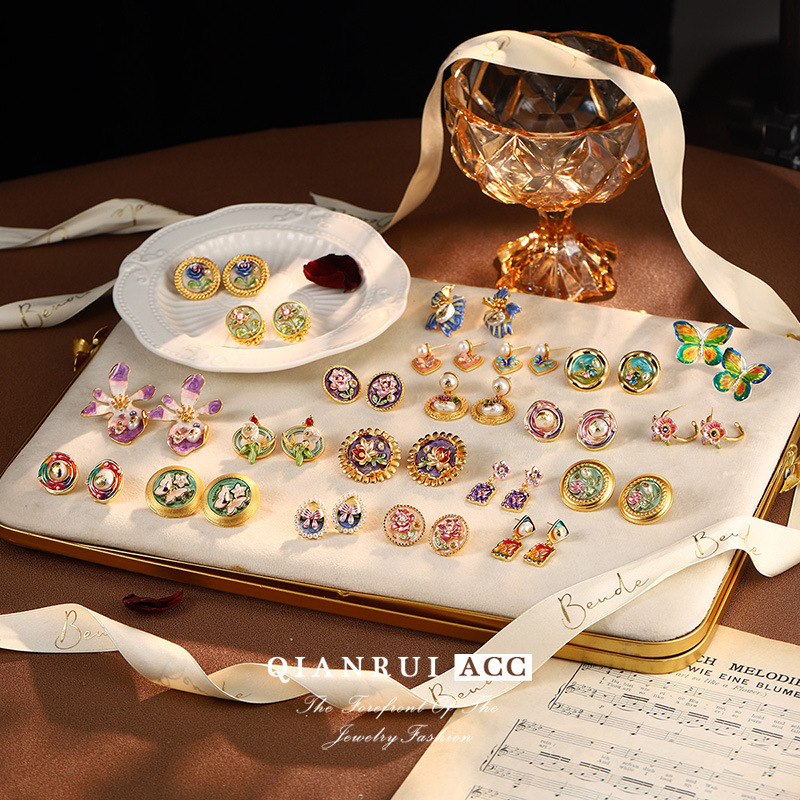 复古莫奈花园油画系列耳环天然珍珠蝴蝶花朵流苏耳钉高级网红耳饰