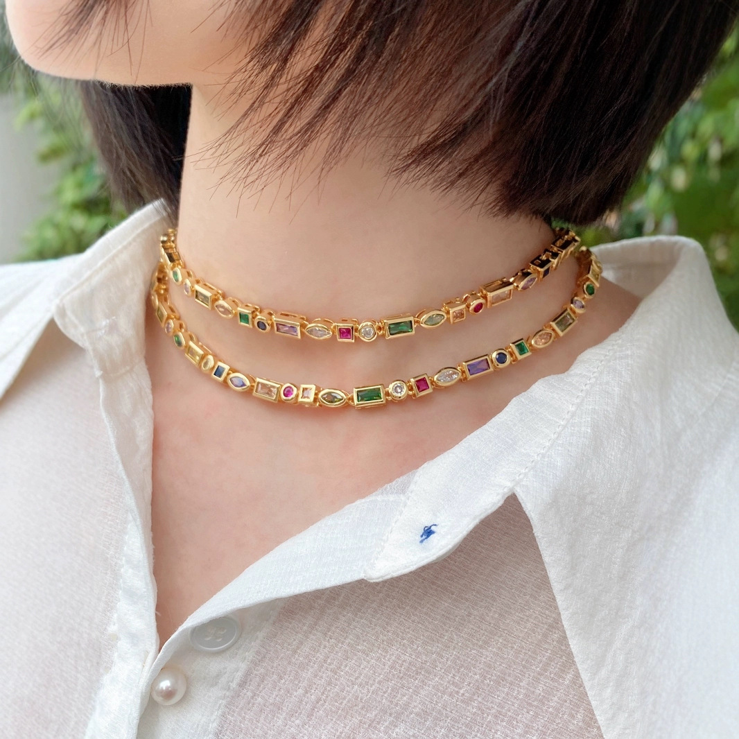 European and American simple colored zircon bracelet, micro-inlaid colored zirconium personalized hip-hop bracelet, ins collarbone chain necklace full figure