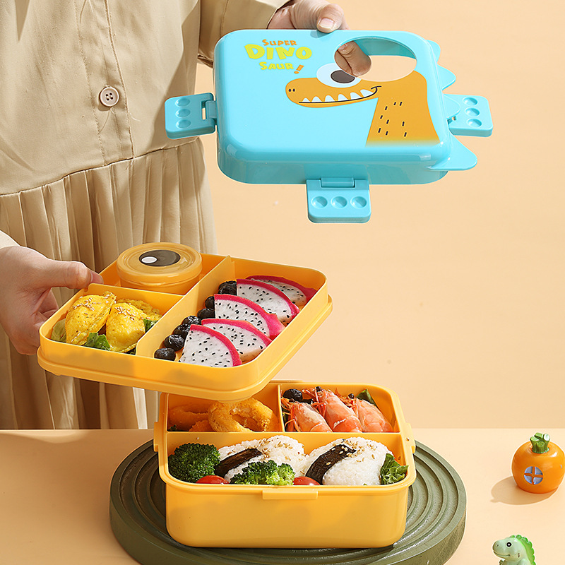Dinosaur sauce cup lunch box, plastic PP microwave heating tape rice box, double-layer separated salad lunch box wholesale Application Scenario