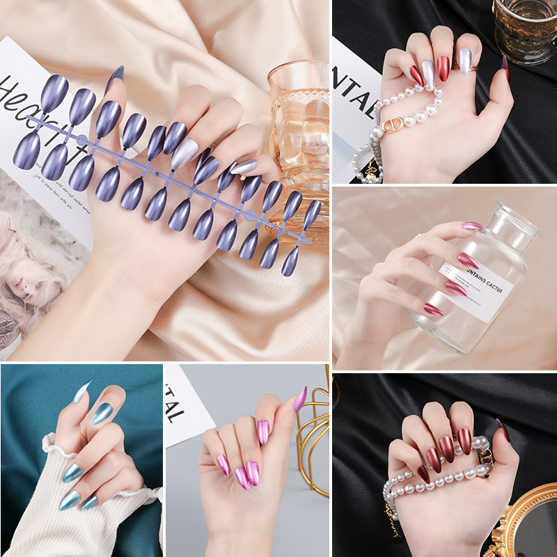 New metallic color finished fake nails, detachable, waterproof, 24-piece nail patches, wearable nail art pieces, whitening Specification image