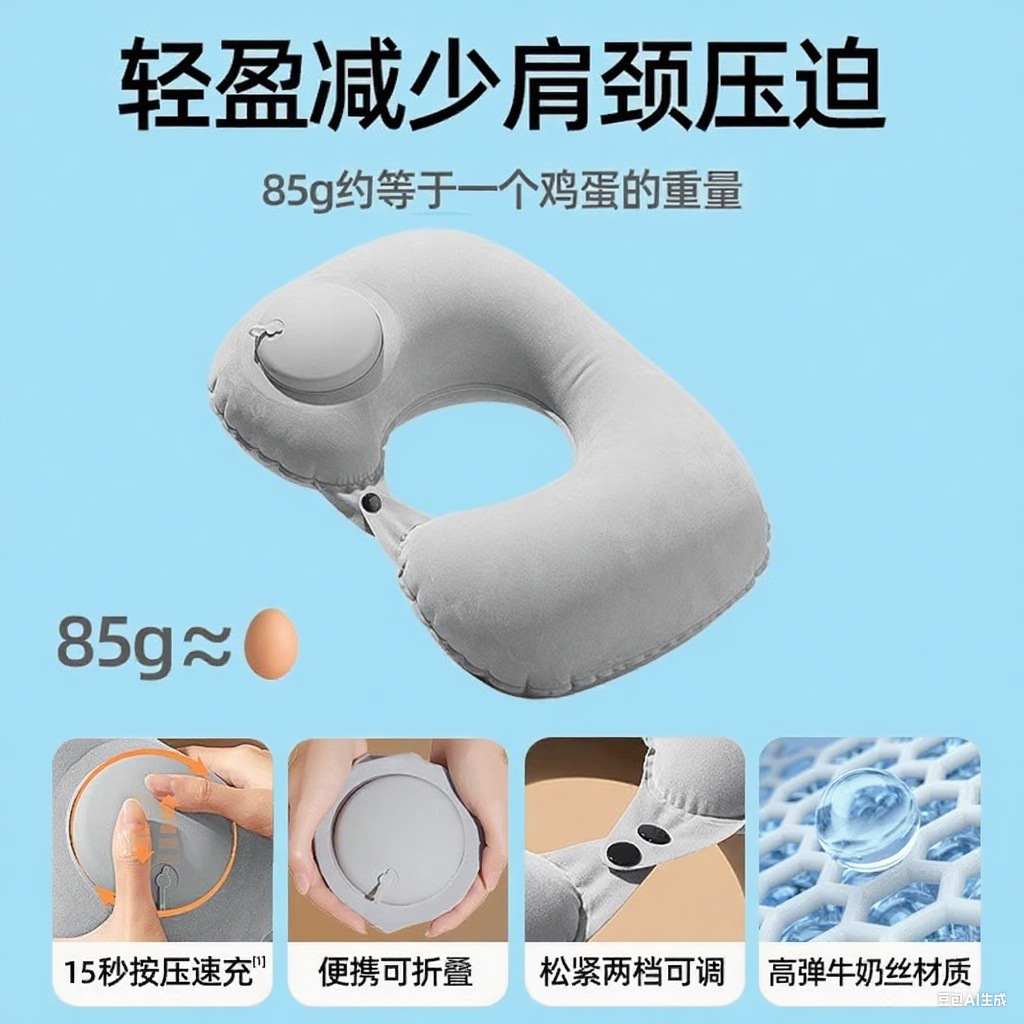 充气U型枕旅行便携护颈枕充气飞机U型护颈枕火车飞机护颈靠枕批发产品图