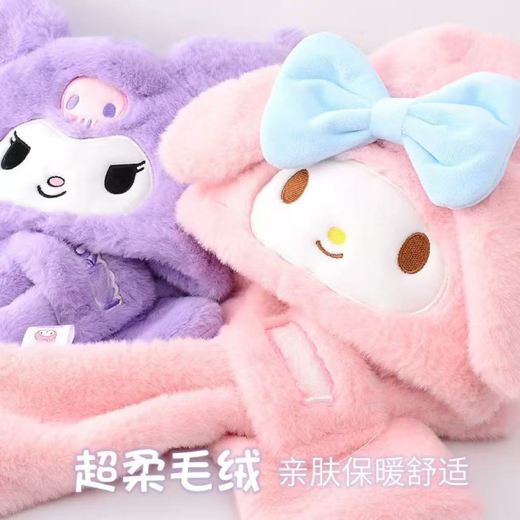 One-piece plush hat and scarf, Kuromi Meletti Sanrio children's winter warm decoration, cold wind protection, neck protection, wholesale from street stalls Specification image