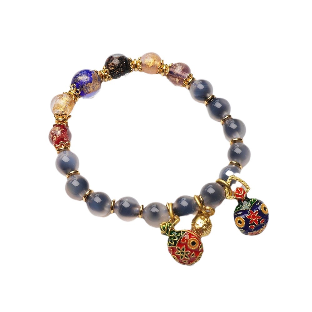 Natural sugar heart agate gold foil glass beaded bracelet for women, retro gold-devouting beast pendant, cultural play bracelet, accessories Item Picture