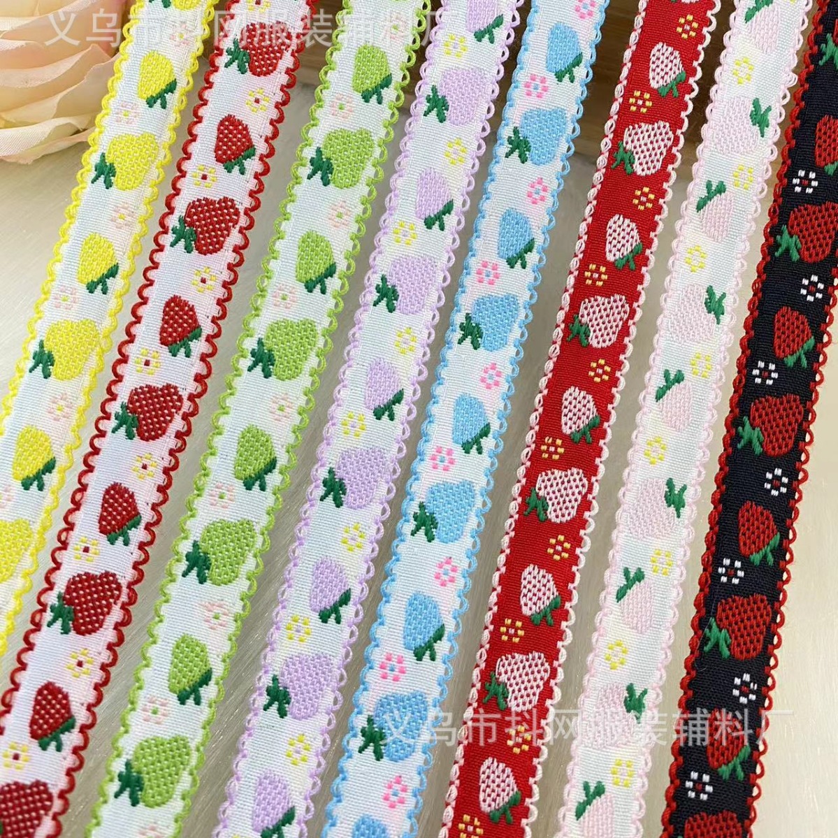 1.5 cm black fungus edge strawberry jacquard embroidery handmade DIY bow webbing gift box packaging strap