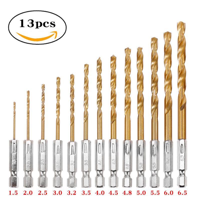13pcs hexagonal handle twist drill, high-speed steel, electric drill, wood, plastic, titanium-coated twist drill set full figure
