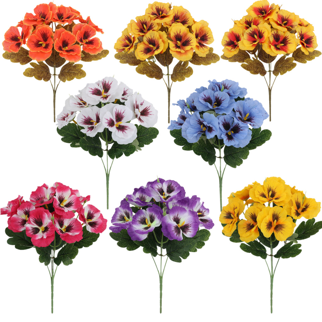 跨境仿真五叉三色堇插花家居造景装饰假花绢花绿植户外摆件批发