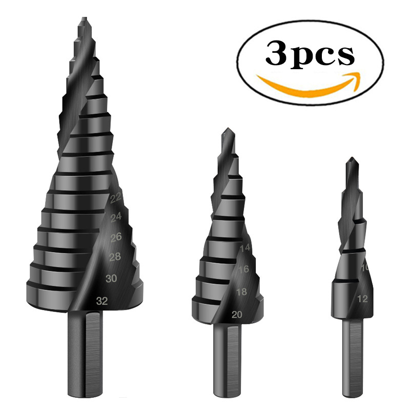 Cross-border spiral tower drill bit drilling, black nitrided step drill bit set wholesale, triangular handle reaming tool full figure