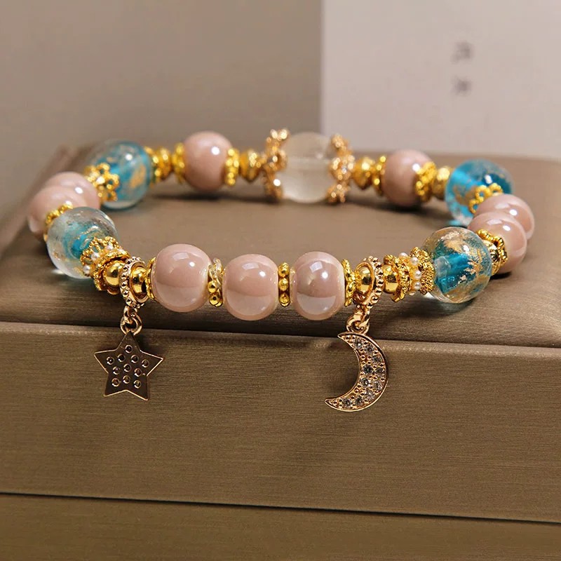 Ancient-style incense ash glass bracelet for women, light luxury, niche, exquisite and high-end. Star and moon pendant bracelet, a gift for your best friend details Picture