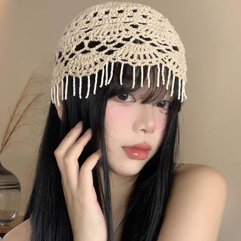 Verano calado gancho de la mano de punto gorro mujer hecho a mano tejido con flecos con cuentas muestra de la cara pequeño sombrero artístico vintage details Picture