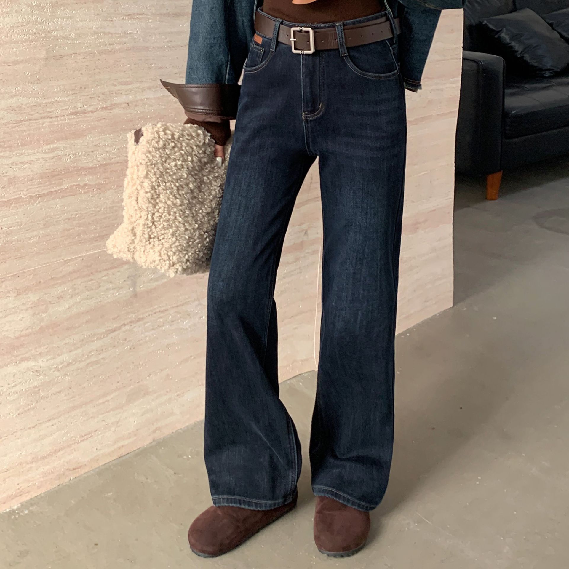 Winter 25 new casual and versatile straight-leg, deep blue washed high-waisted wide-leg fleece jeans for women, 22690 details Picture