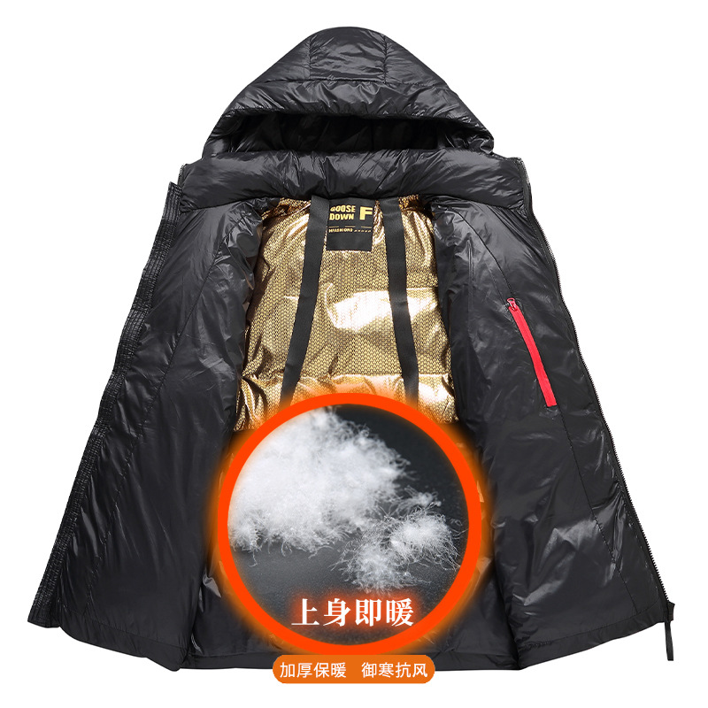 黑金鹅绒羽绒服短款加厚男款保暖防寒冬季白鸭绒服男新款连帽外套图