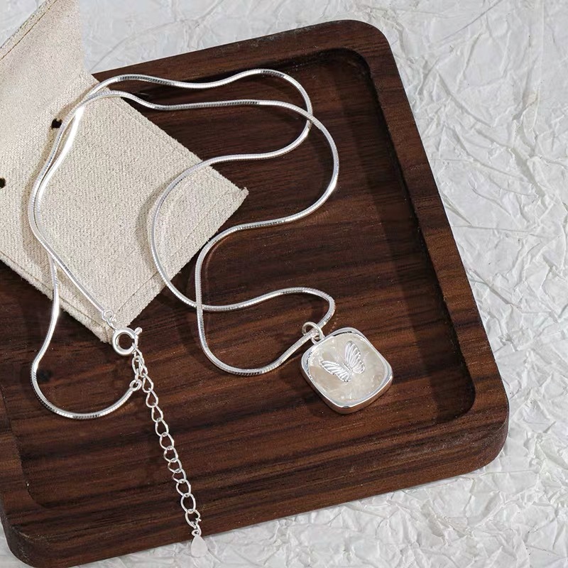 s925 sterling silver square oil painting resin necklace for women, Korean version butterfly snake bone sweater chain, exquisite and high-end