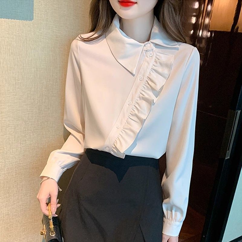 Irregular ruffled lapel shirt top for women, a unique and stylish autumn/winter 2025 new style shirt Specification image
