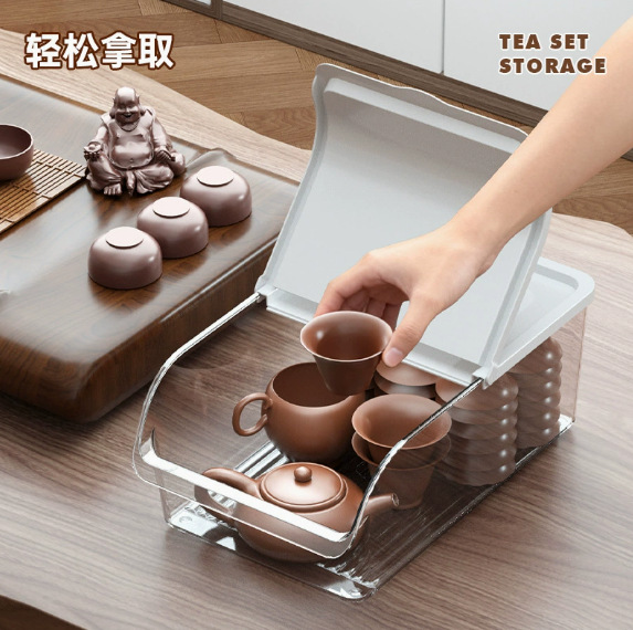 Transparent refrigerator storage box, kitchen covered storage box, egg food preservation box, tea set and tea cup dust-proof storage box Application Scenario