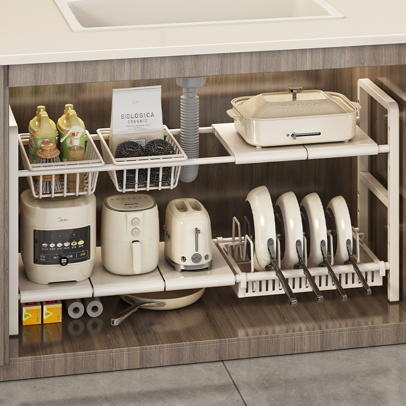 可伸缩厨房下水槽置物架橱柜内放锅架家用多层柜子分层锅具收纳架