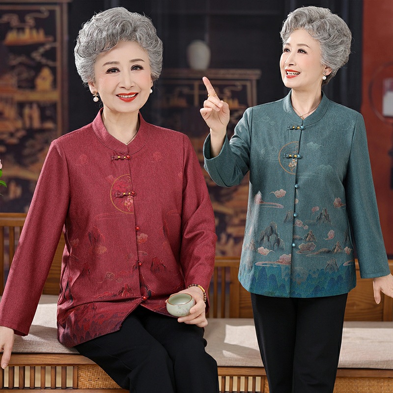"National trend grandma stand-up collar spring and autumn coat for middle-aged and elderly women's clothing 2026 new style jacket top for mothers thin outerwear top. Specification image