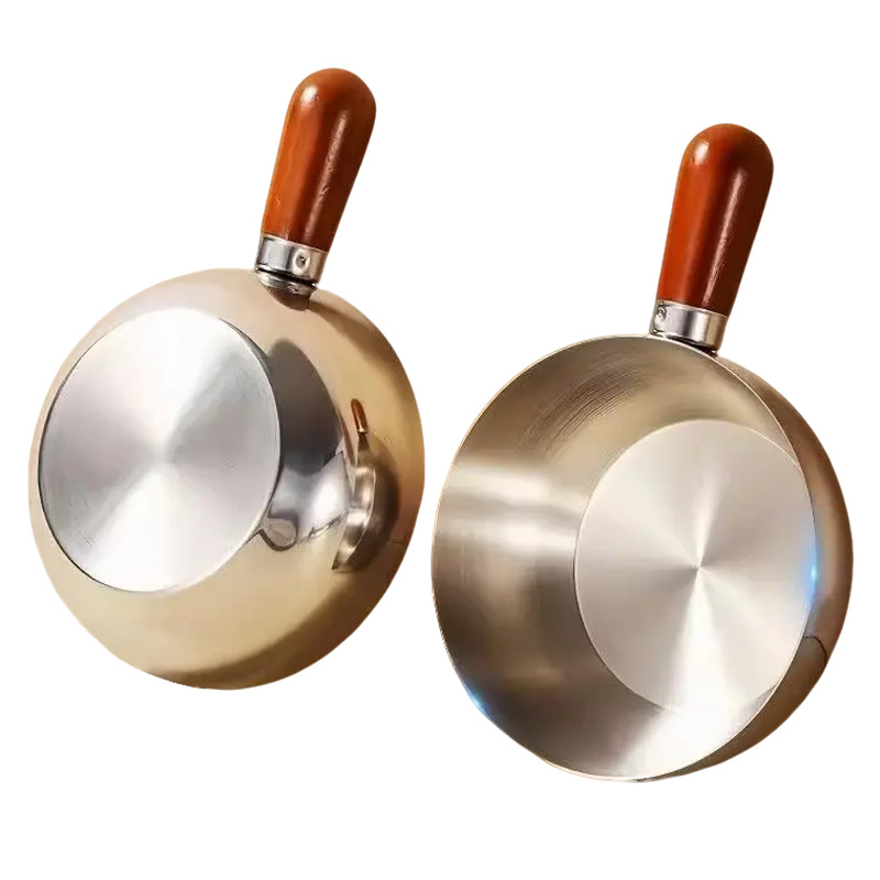 Baby food small pot, stainless steel instant noodle bowl with wooden handle, multi-purpose single-person pot for home and commercial use, milk pot, soup pot, oil-pouring pot Item Picture