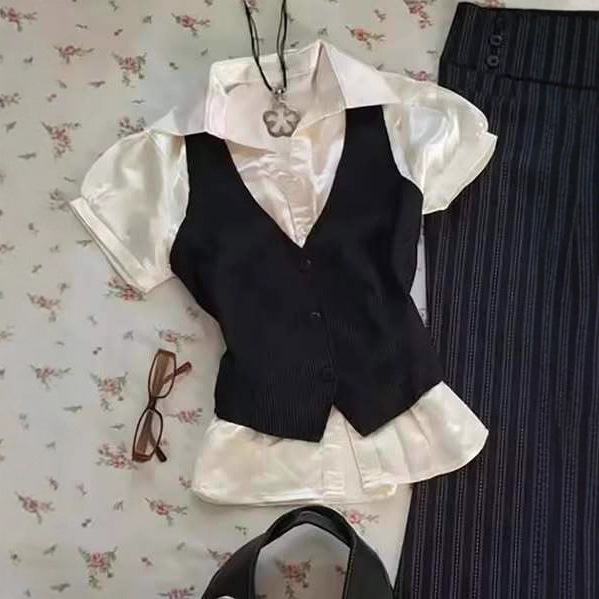 2026 Summer casual and comfortable lapel striped single-breasted slim short-sleeved women's shirt top, versatile for commuting Specification drawing
