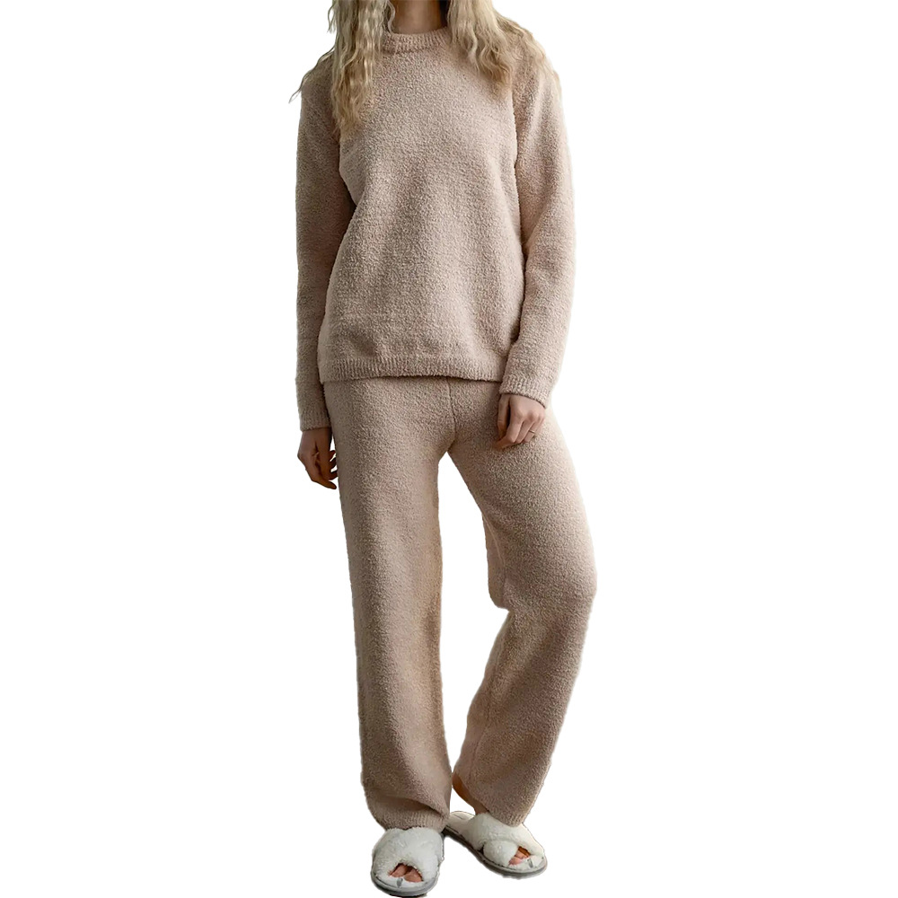 Cross-border round-neck solid color long-sleeved and long pants pajama set, European and American 2025 winter new half-fleece warm home wear Item Picture