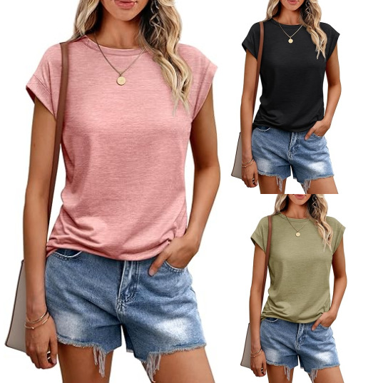 Amazon 2026 European and American women's Vest Summer Cross-border round-neck short-sleeved T-shirt Solid color round-neck cover sleeve for foreign trade women full figure