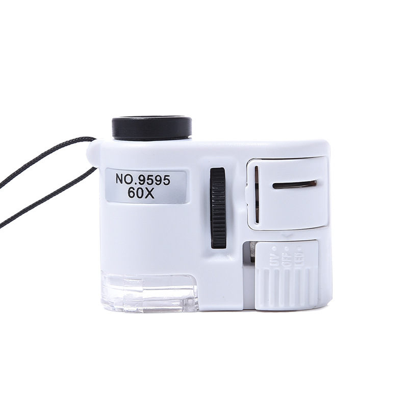 9595 White microscope for antique, jade and jewelry identification and testing, 60x magnifying glass with LED light source for banknote inspection