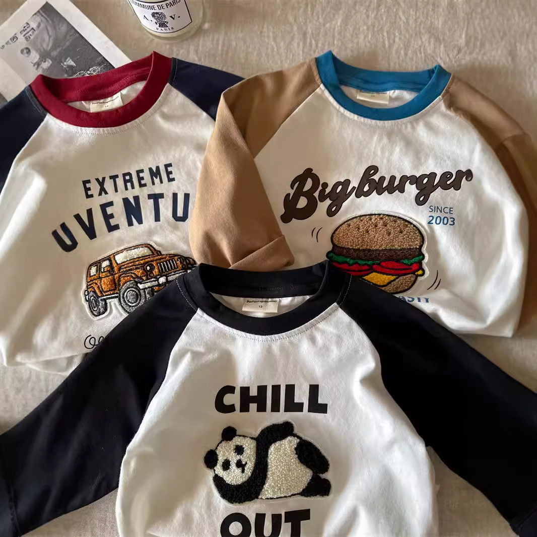 Children's T-shirts 2025 Spring and Autumn Collection: Cartoon all-cotton T-shirts for Boys, stylish color-blocked shoulder sleeve base shirts for boys and girls wholesale details Picture