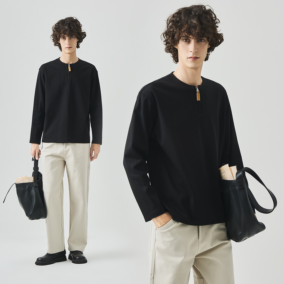 APO Men's Wear: Cross-border men's long-sleeved T-shirt with a light luxury and high-end feel, loose semi-zipper solid color casual innerwear details Picture