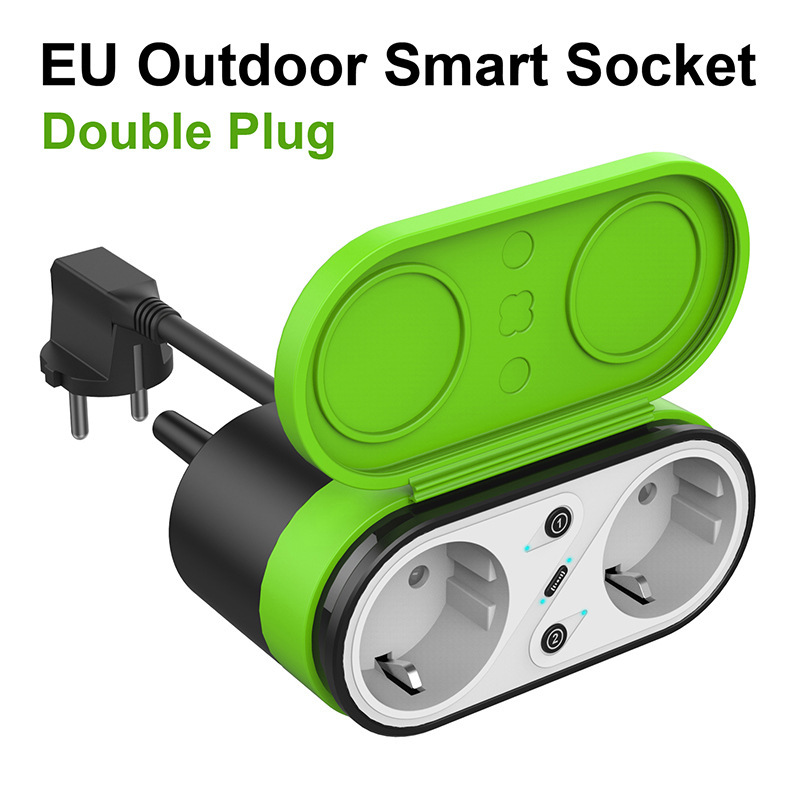 Green shell EU outdoor smart dual-plug socket with USB charging port Green shell EU outdoor smart dual-plug socket with USB charging port