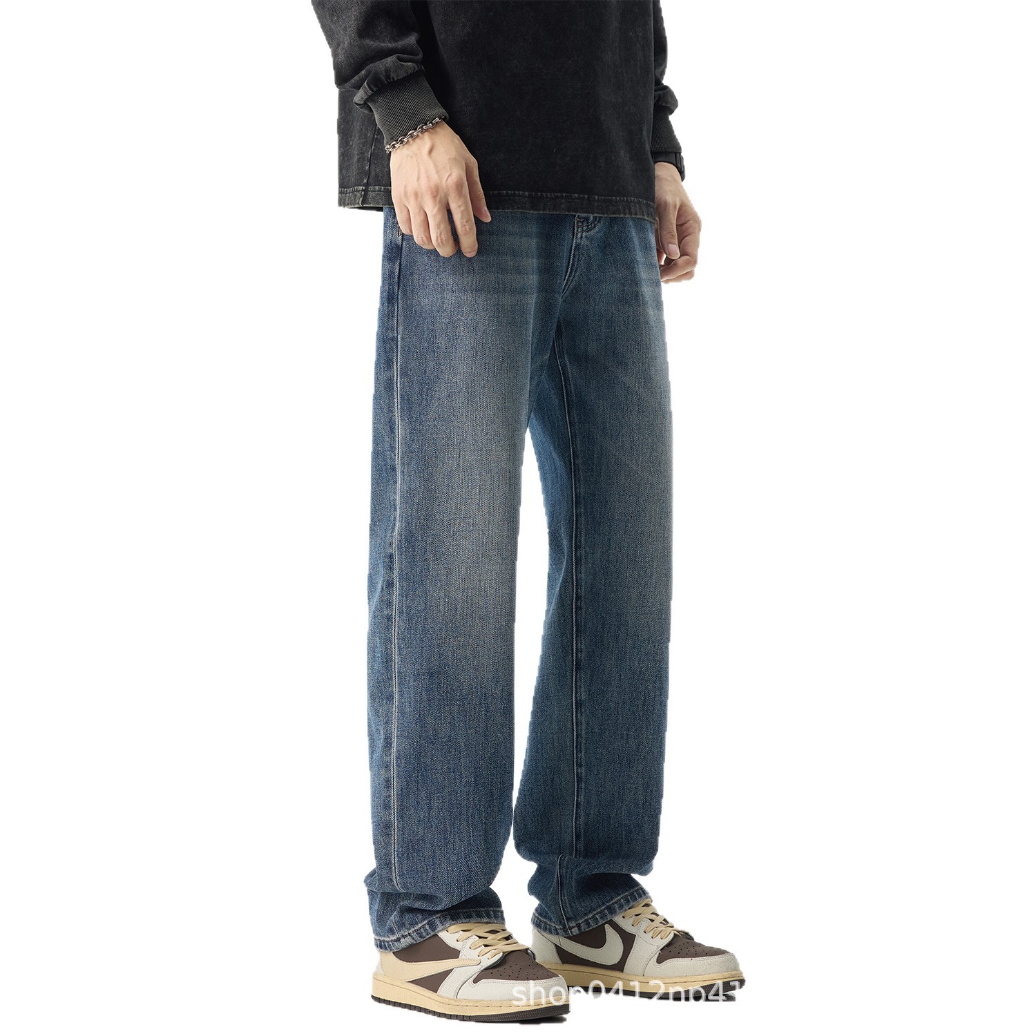 Blue four-sided stretch straight-leg jeans for men Spring/Autumn 2026 new style American loose wide-leg men's pants Item Picture