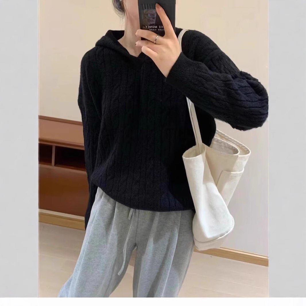 100羊毛连帽针织衫女冬休闲慵懒麻花帽衫毛衣显瘦内搭休闲羊绒潮细节图
