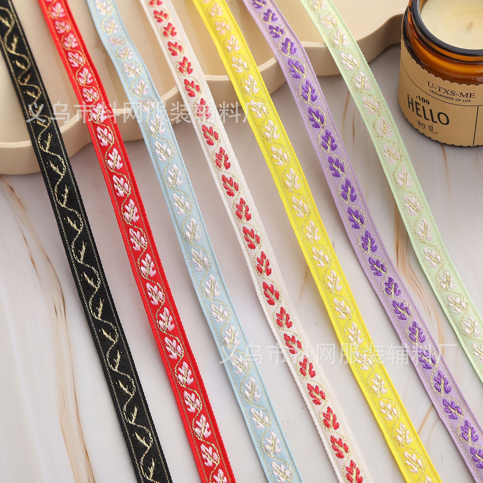 1.3cm handmade DIY bow, small leaf, jacquard embroidery, webbing, hair accessories, headwear, edge straps, direct supply from the manufacturer Application Scenario