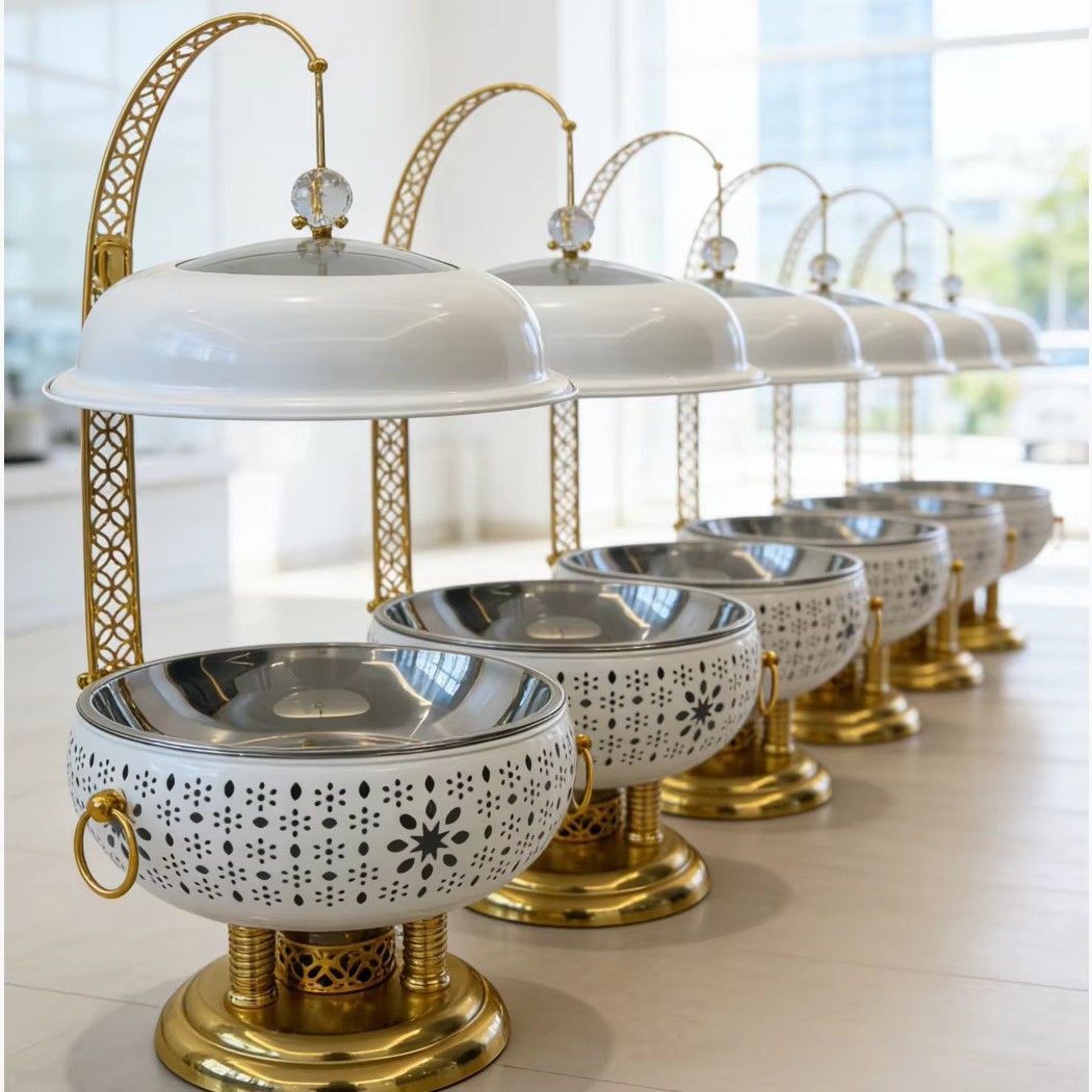 Stainless steel golden luxury restaurant hotel wedding insulated pot alcohol heating 8-liter capacity food insulated with belt Specification image