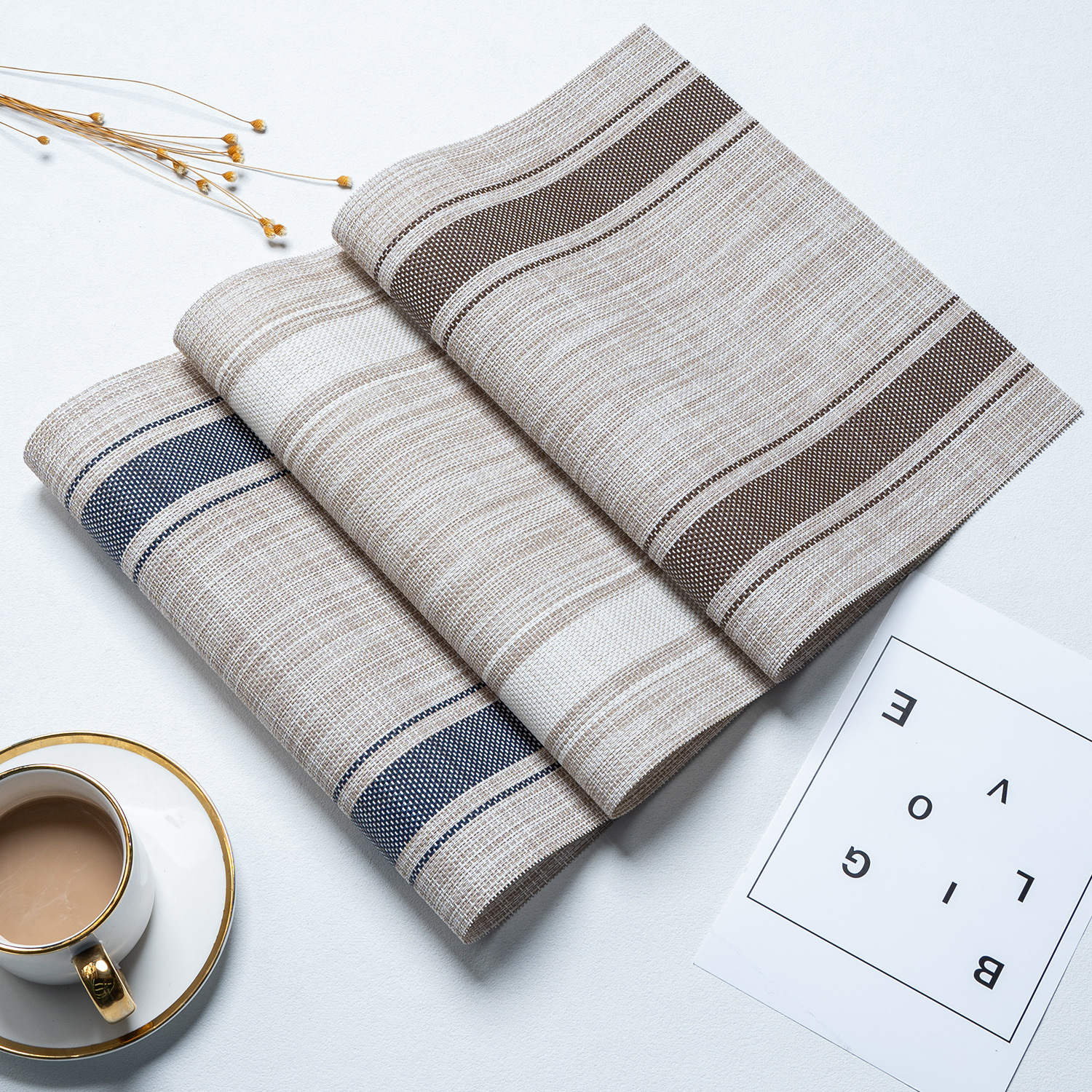 特斯林条纹纯色西餐垫PVC餐垫烫金餐垫酒店隔热咖啡杯垫盘垫防烫