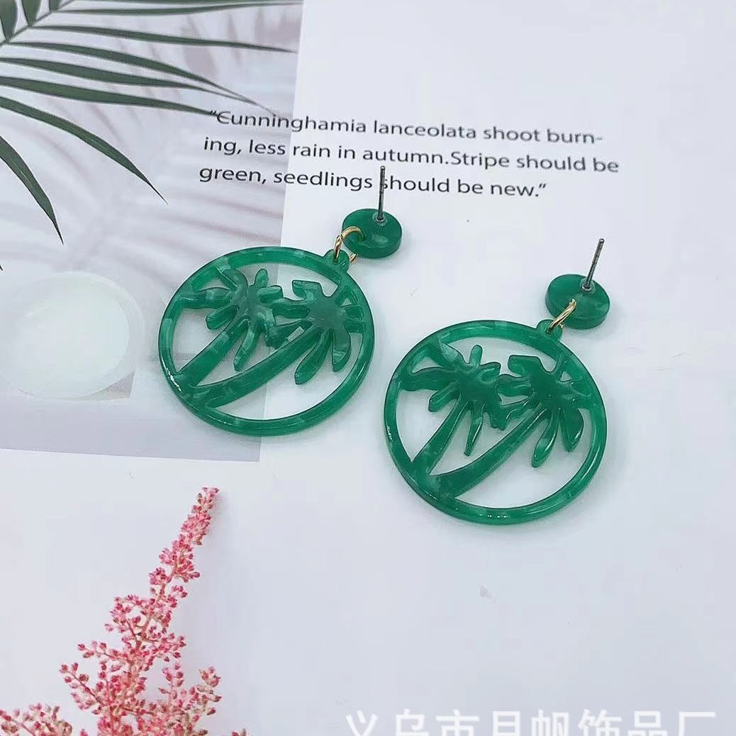 绿色棕榈树图案耳环饰品锆石微镶毛坯耳饰耳饰品女款时尚简约