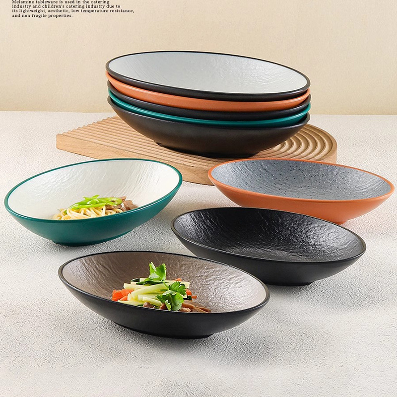 Retro melamine shaped oval deep plate, commercial imitation porcelain cold noodle bowl, salad bowl, boat-shaped plate, cheese-baked red summer bowl Specification image