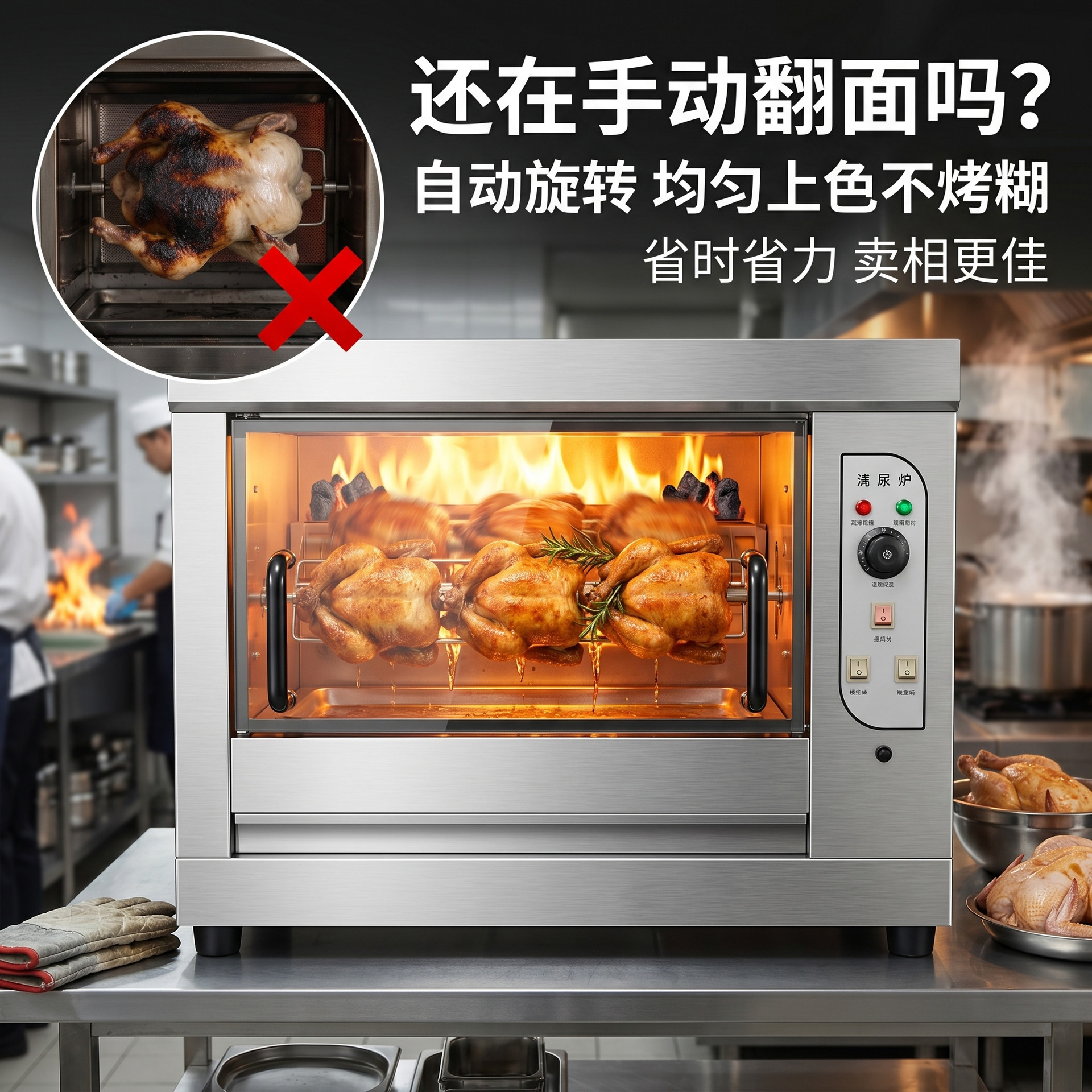 Horno de pollo rotativo de acero inoxidable comercial horno de pollo asador de burro horno de control de temperatura automático caja de aves de corral asado fabricante de equipos de cadena de restaurantes details Picture