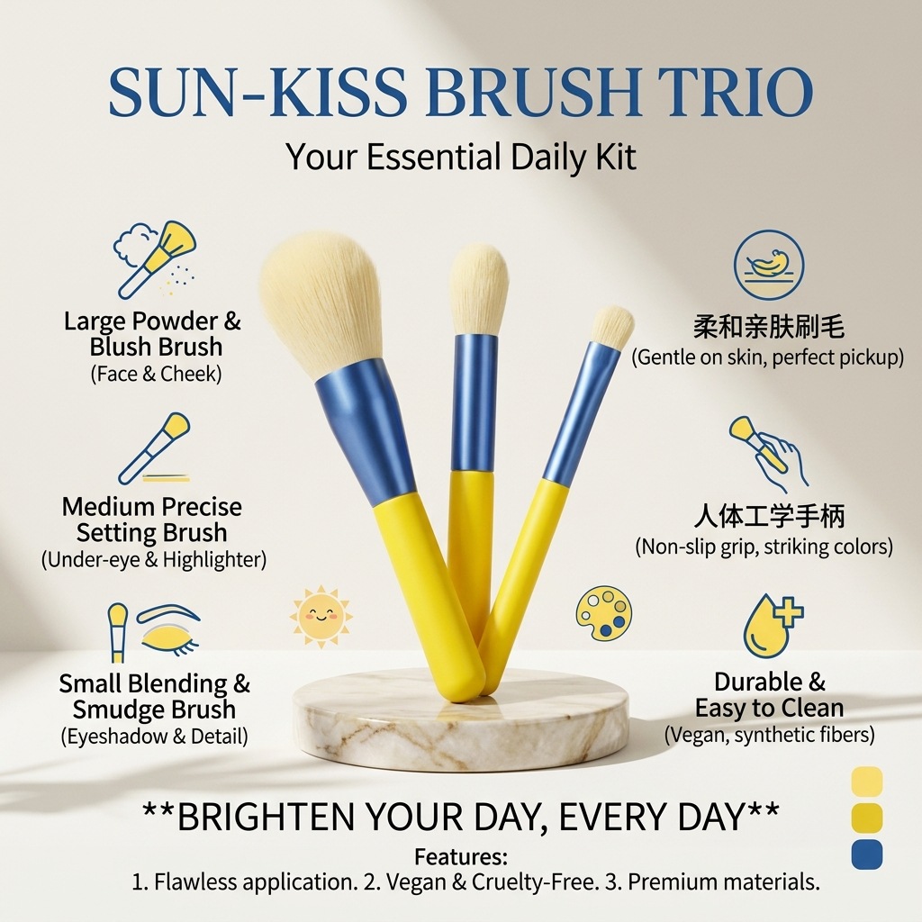 Three-piece yellow handle, blue metal connection makeup brush set, contour brush, detail brush, makeup tool Application Scenario