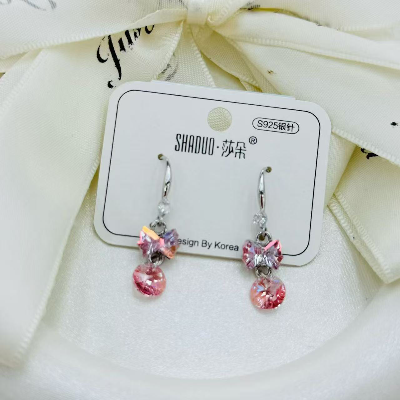 S925银针华子水晶蝴蝶结耳钩女韩版甜美流苏耳饰时尚气质百搭耳环