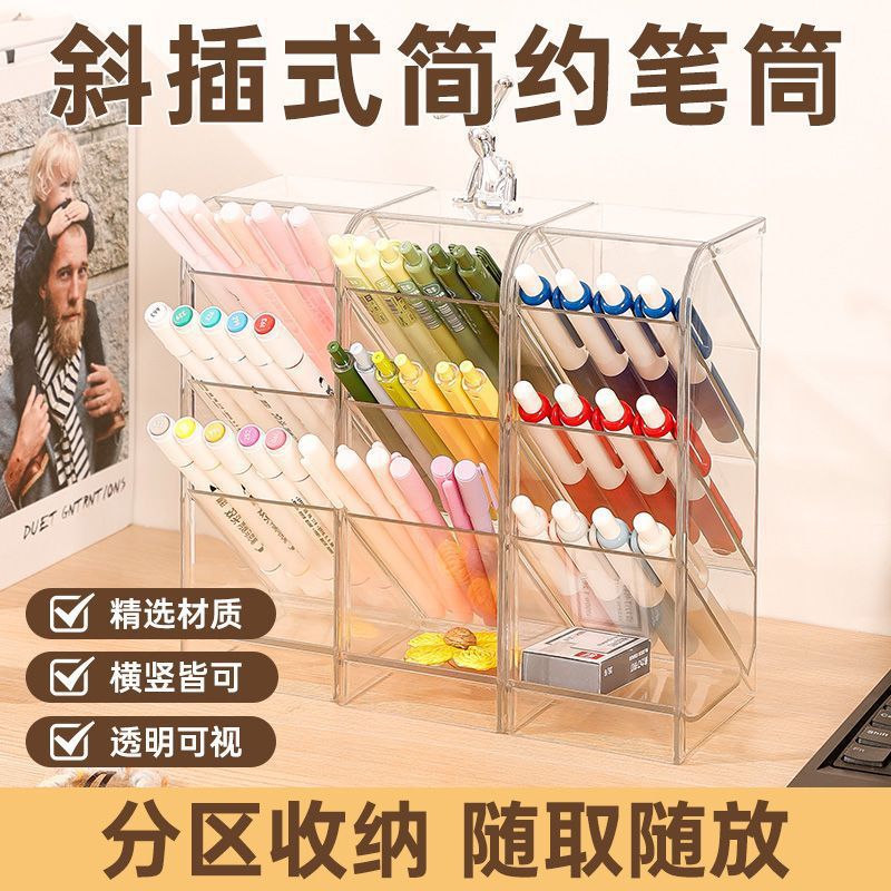 A slanted pen holder for women, an ins Nordic style, simple and transparent pen holder, a multi-functional pen bucket, and a student storage box details Picture
