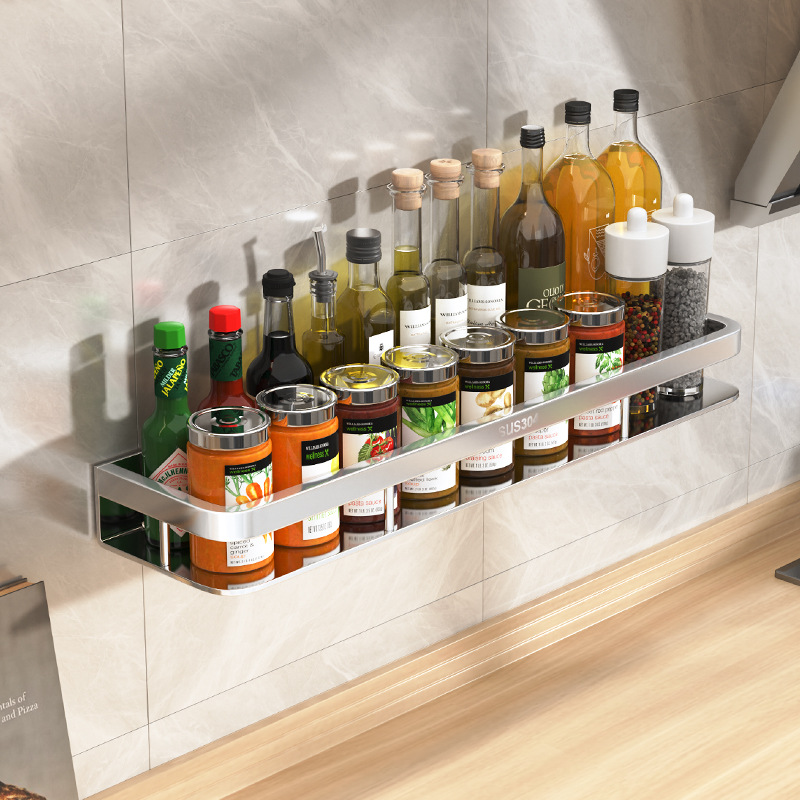 Stainless steel traceless kitchen seasoning rack, wall-mounted rack with hanging rods, non-drilling seasoning rack storage rack Application Scenario